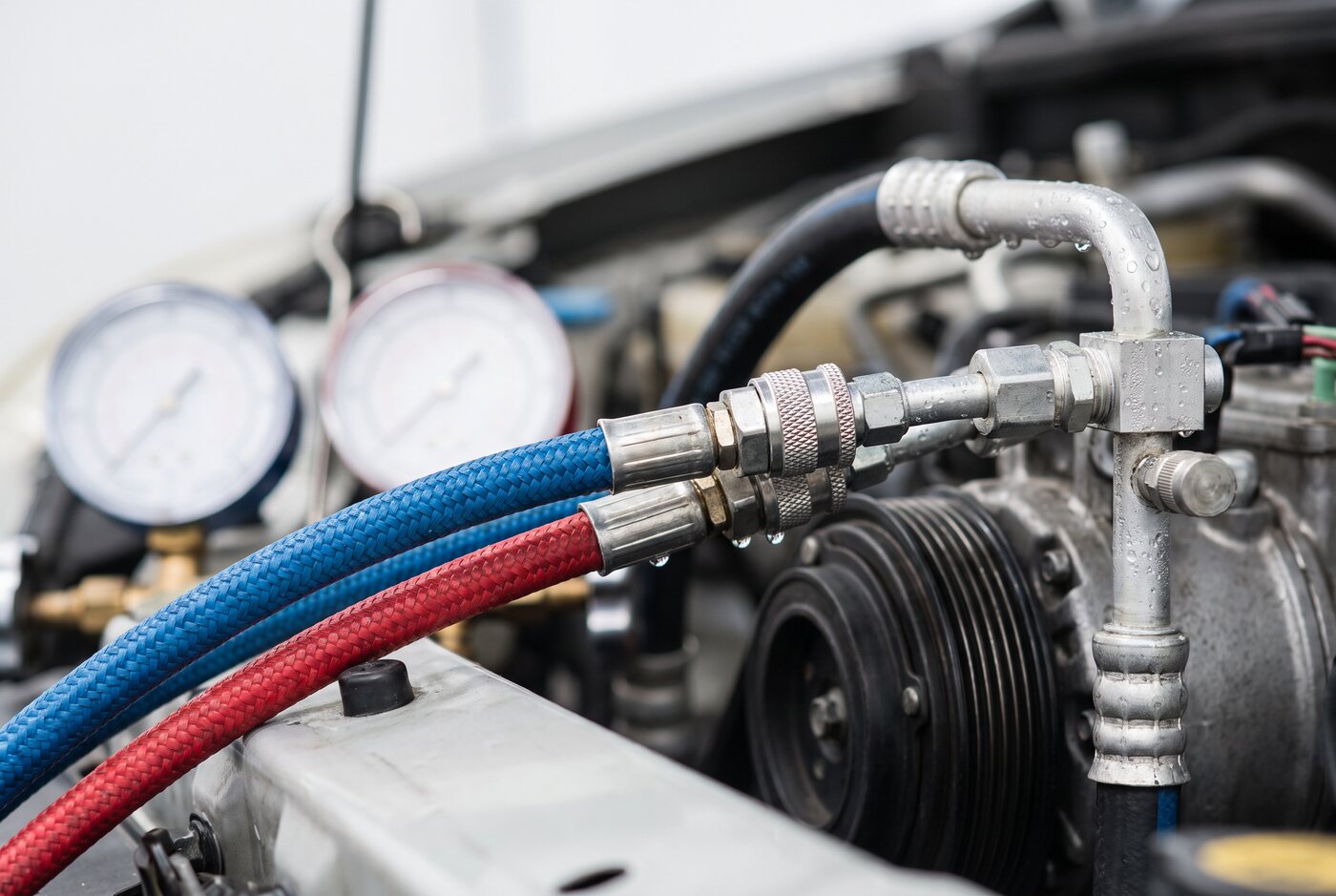 Air conditioning service hoses connected to a vehicle A/C system