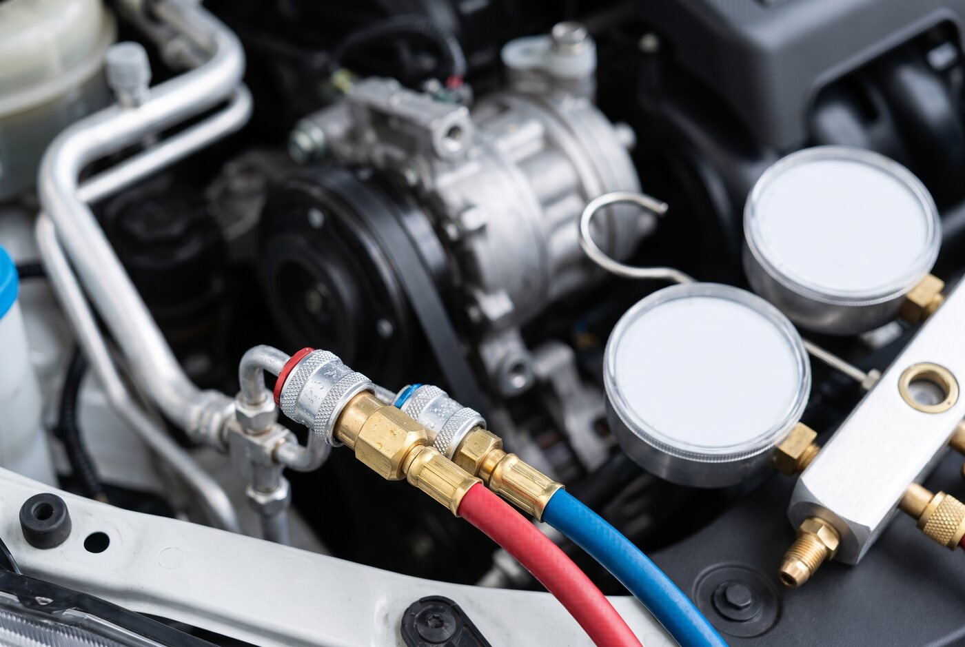 Car air conditioning compressor and refrigerant lines in an engine bay