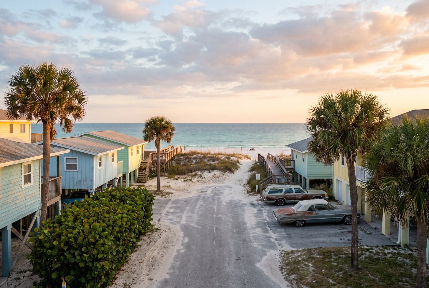 Florida barrier-island beach houses on stilts along a coastal road