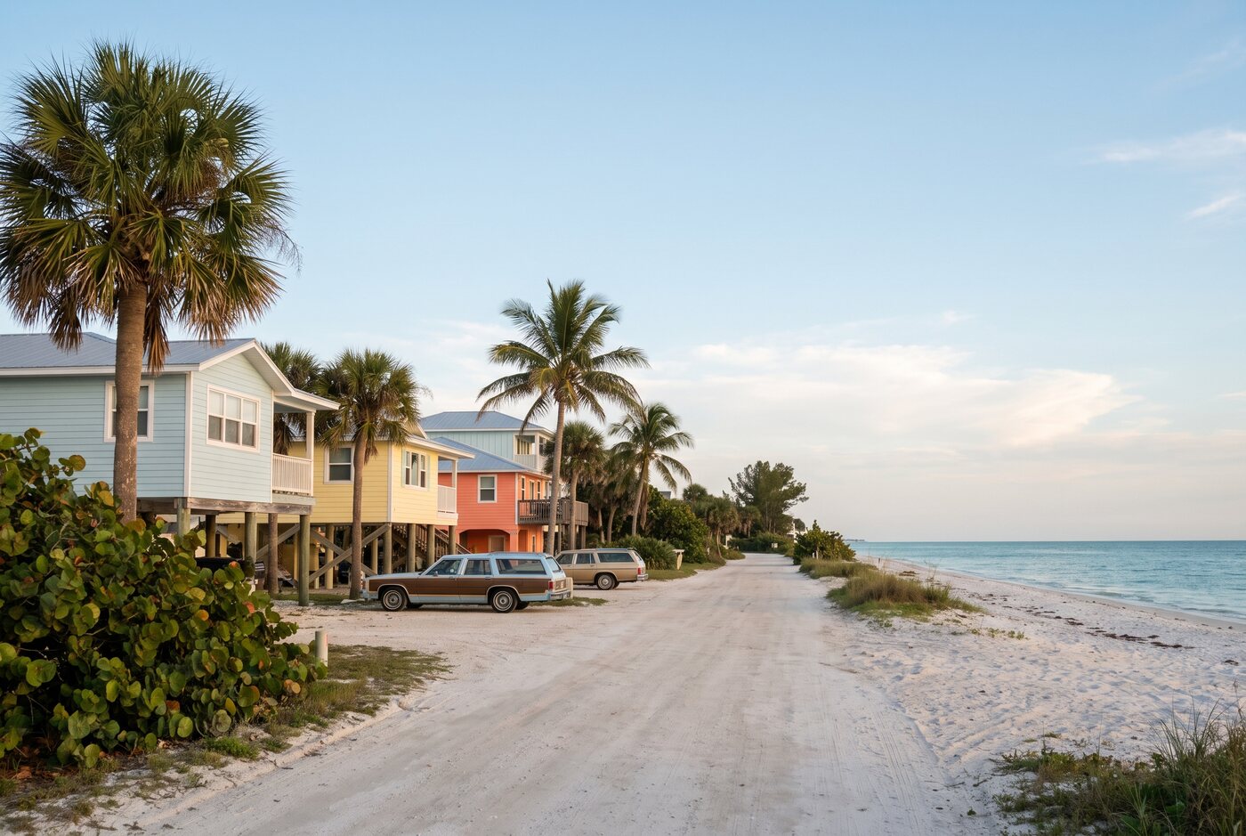 Gulf coast beach community with palms and calm water beyond