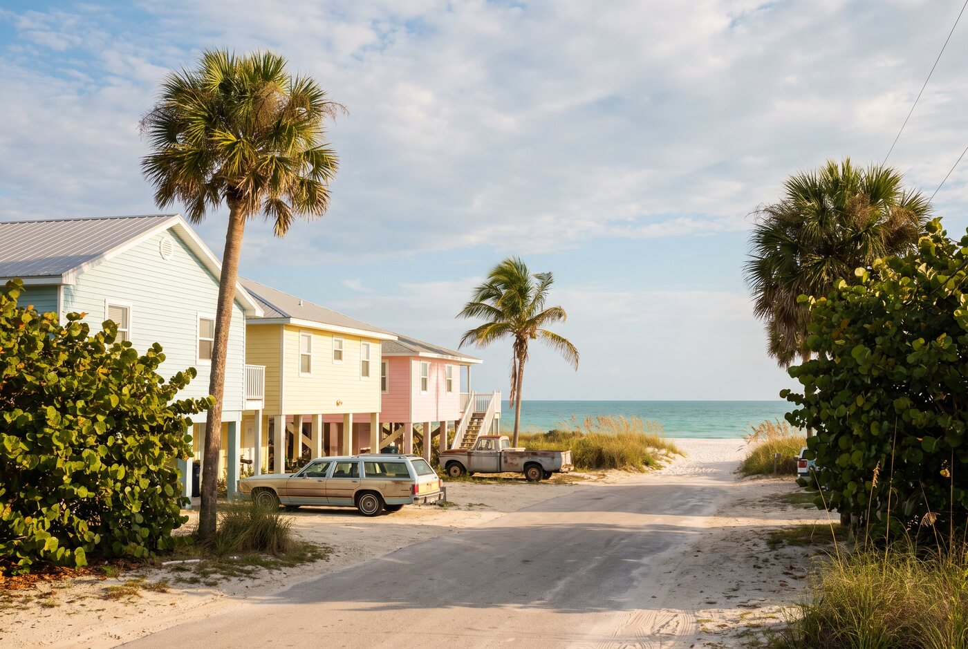 Coastal Florida road with palms and low beach houses