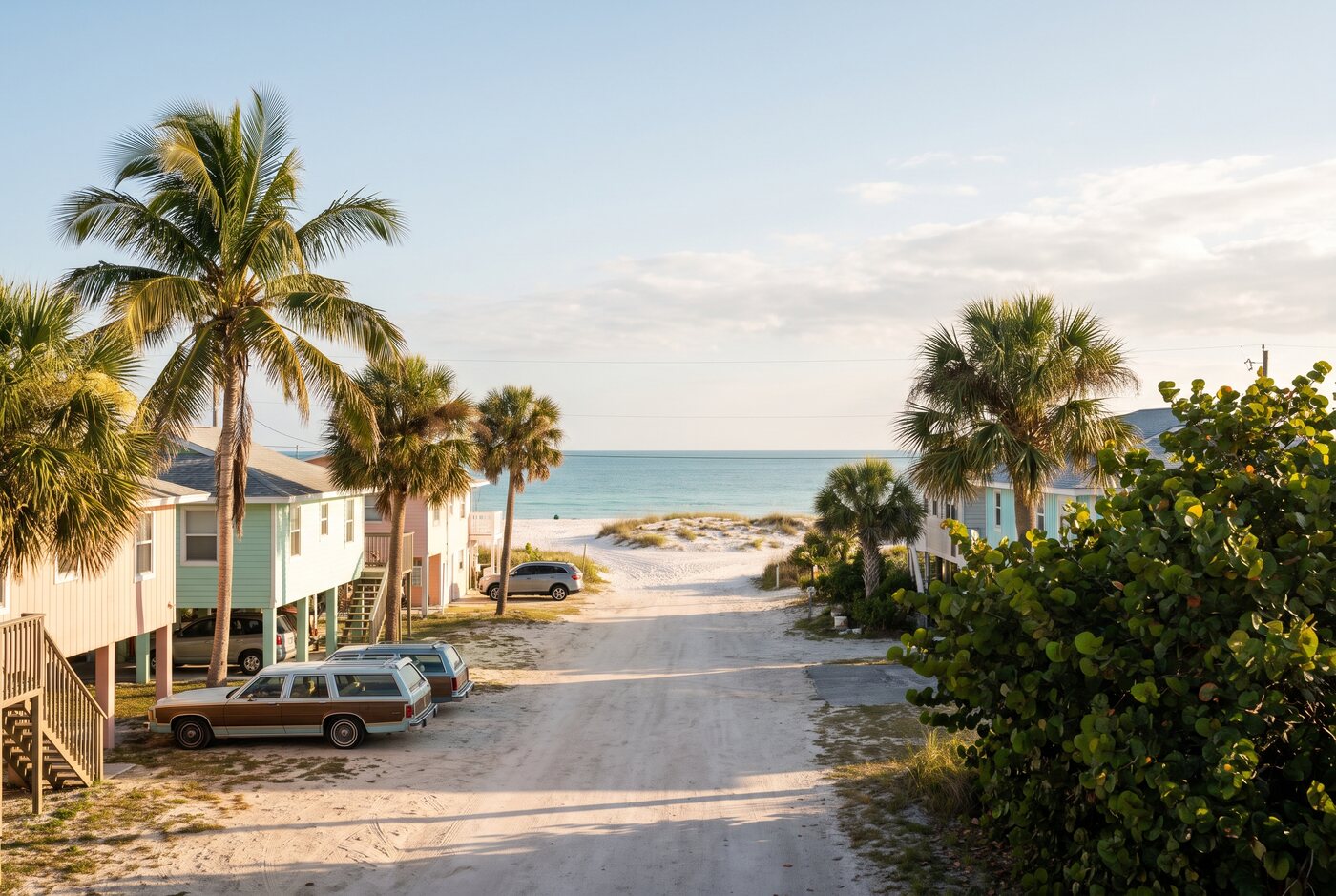 Gulf-side barrier island street with sea grape and open sky