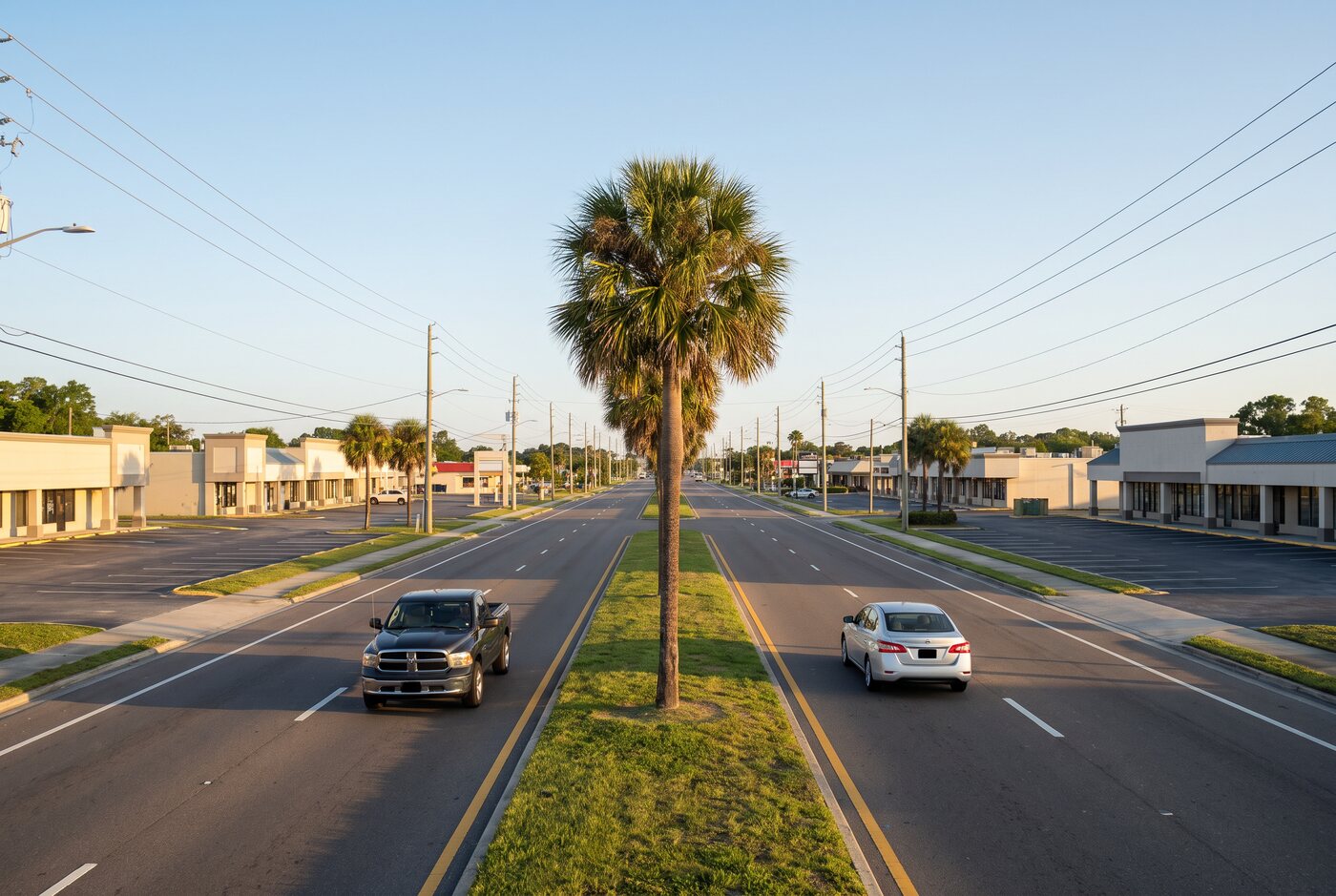Wide multi-lane Florida boulevard with palms down the median