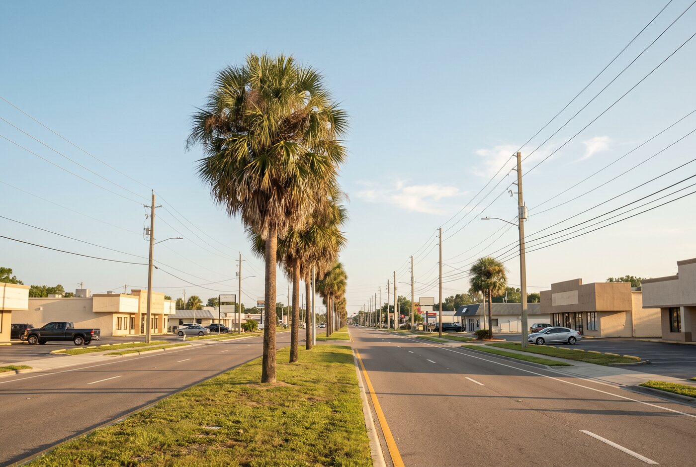 Florida main road with low-rise commercial buildings and open sky