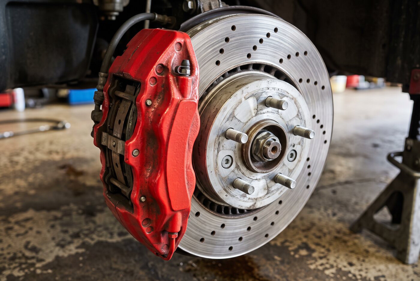 Brake caliper and rotor assembly with the wheel removed