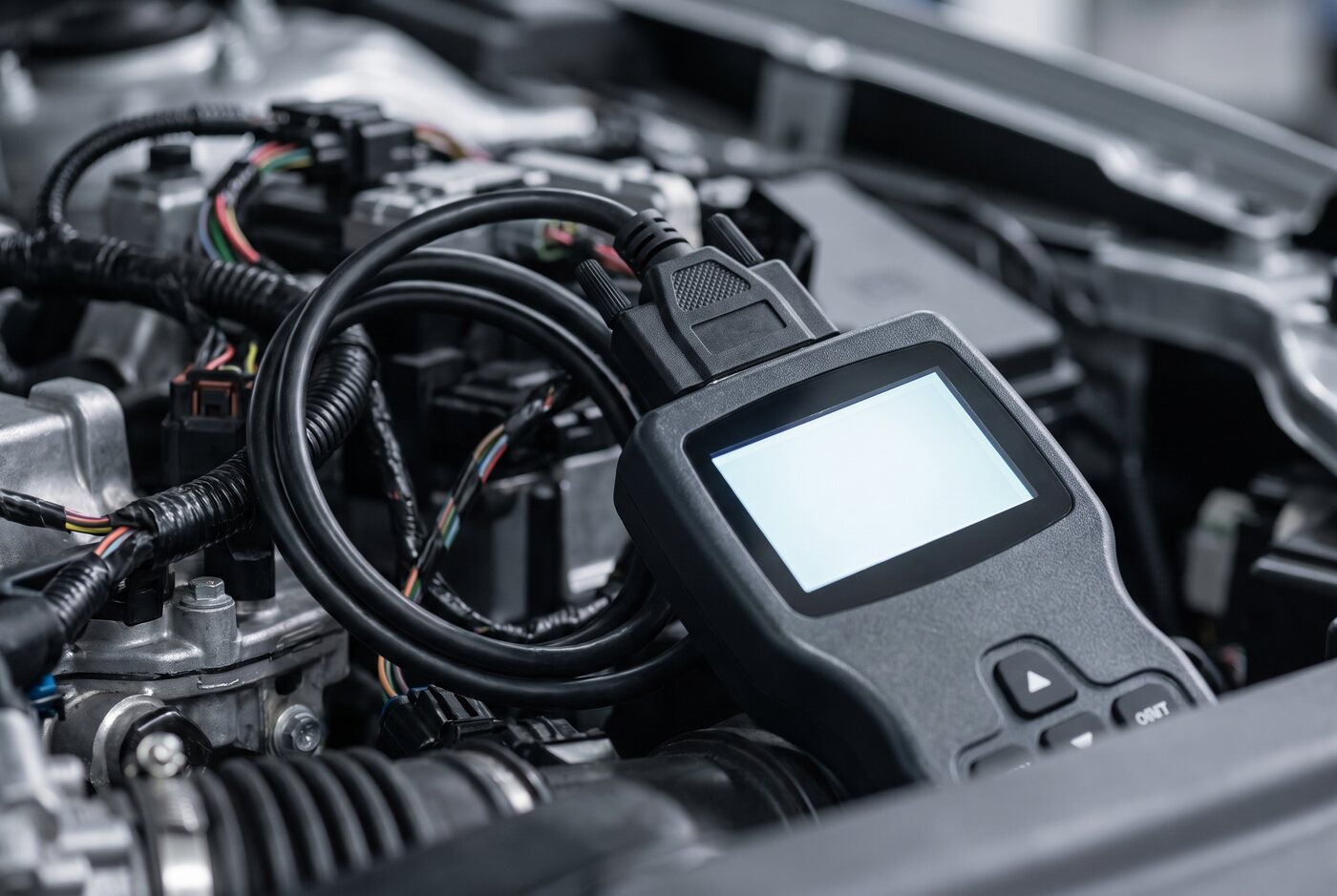 Diagnostic scan tool connected to a vehicle in the engine bay