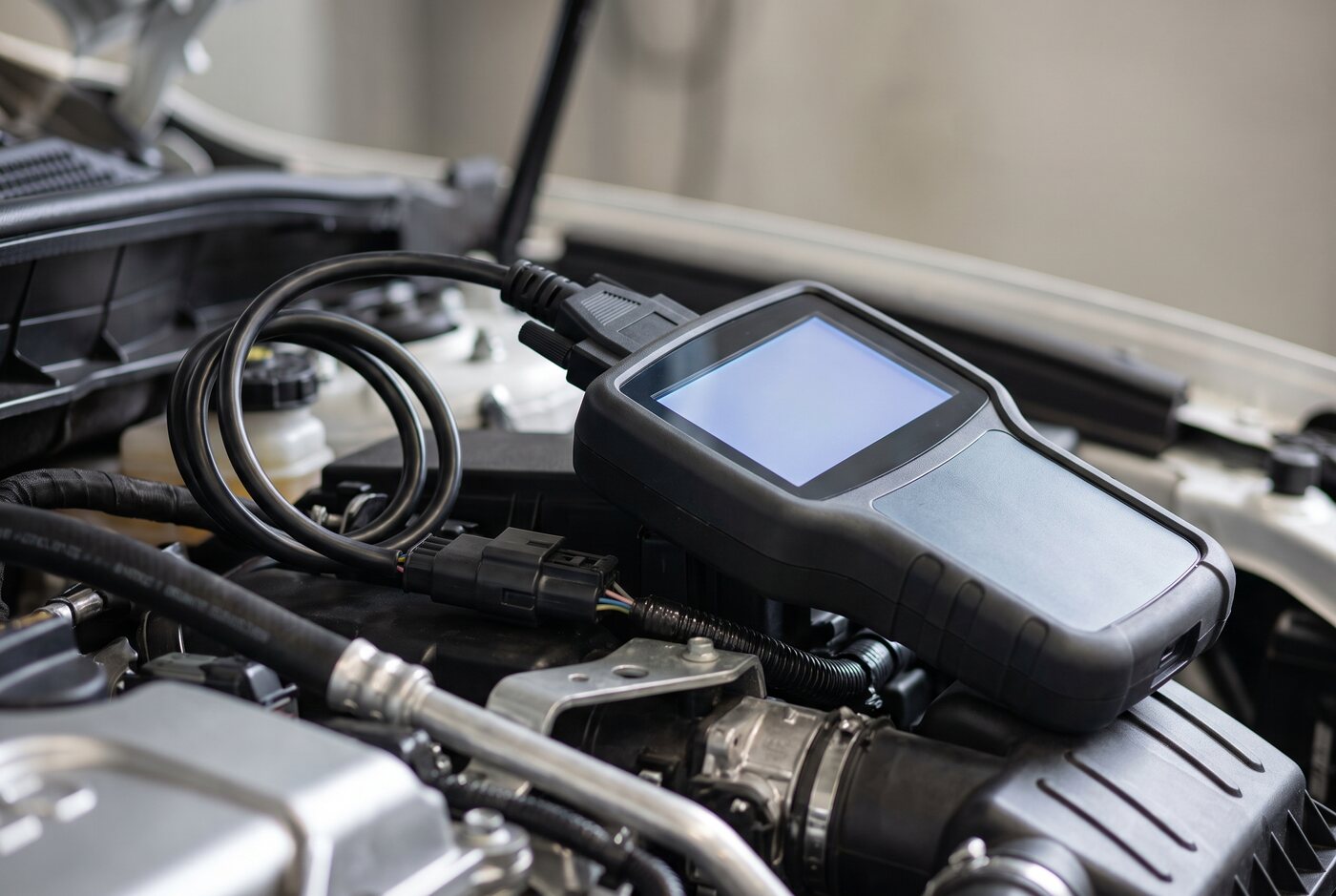 Engine bay wiring and sensors during electronic diagnosis