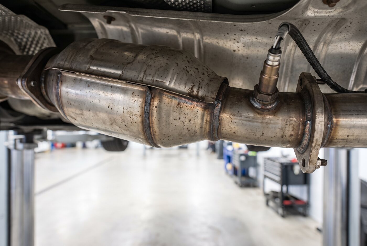 Oxygen sensor threaded into an exhaust pipe with its wiring