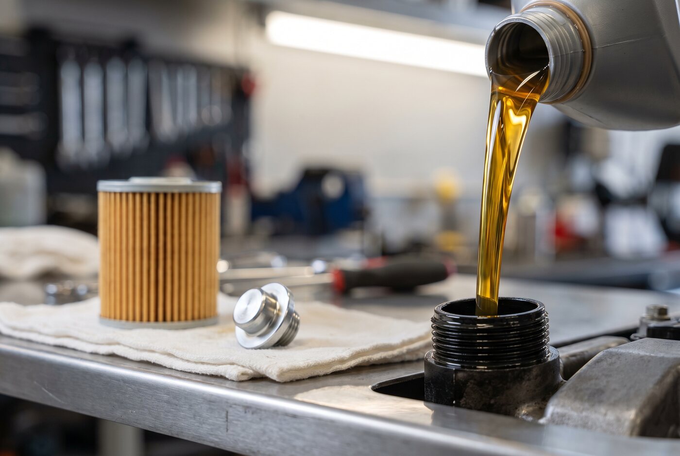 Fresh engine oil being poured into an engine filler neck