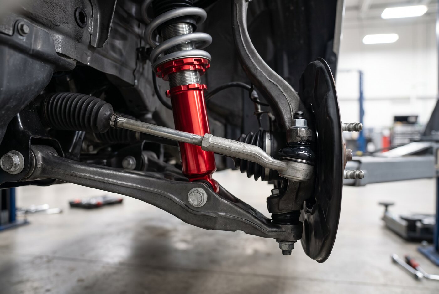 Coil-over strut assembly and control arm with the wheel removed