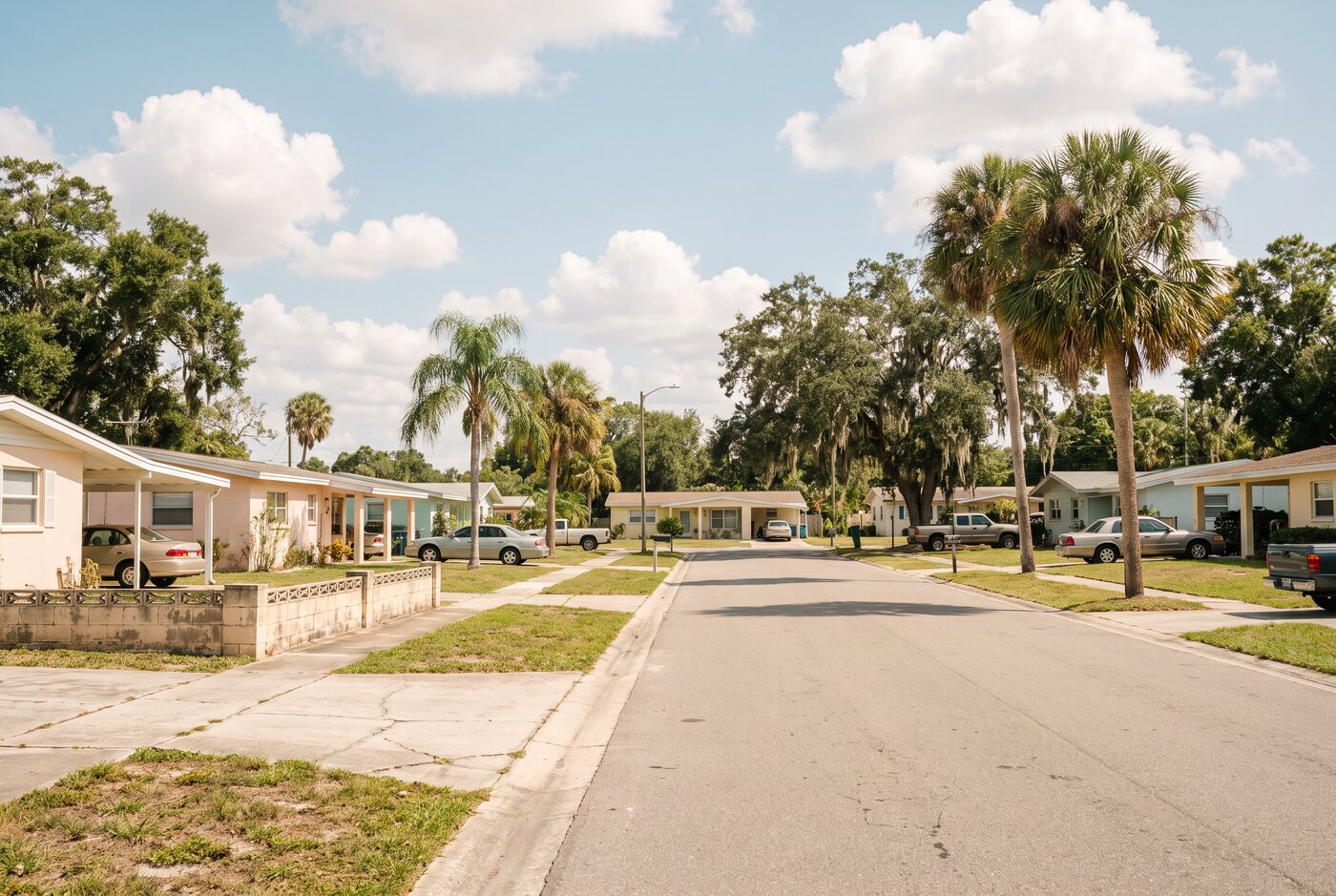 Quiet Florida residential street lined with sabal palms and live oaks