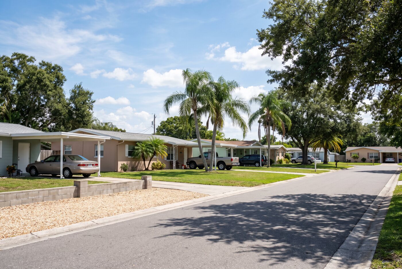 Single-storey Florida homes with carports on a suburban street