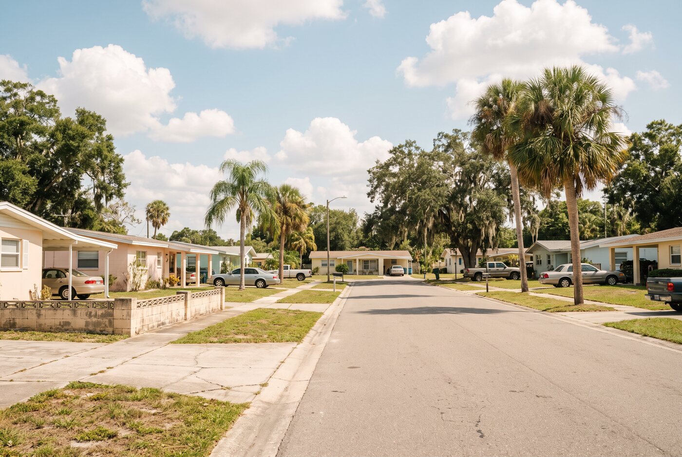 Mid-century Florida homes and mature palms on a residential road