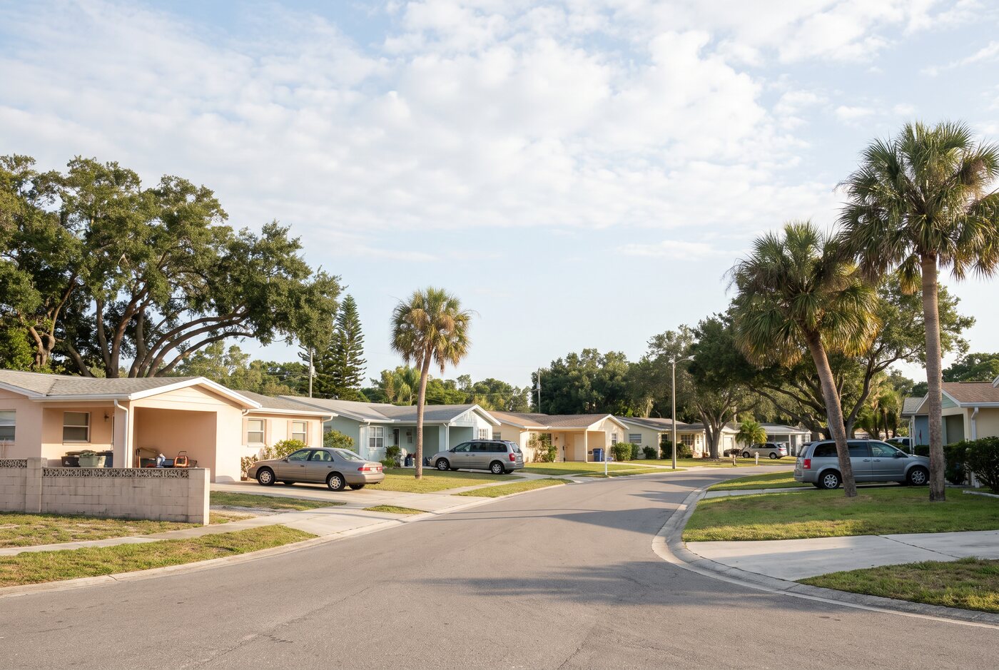 Quiet Florida street with family cars parked in driveways
