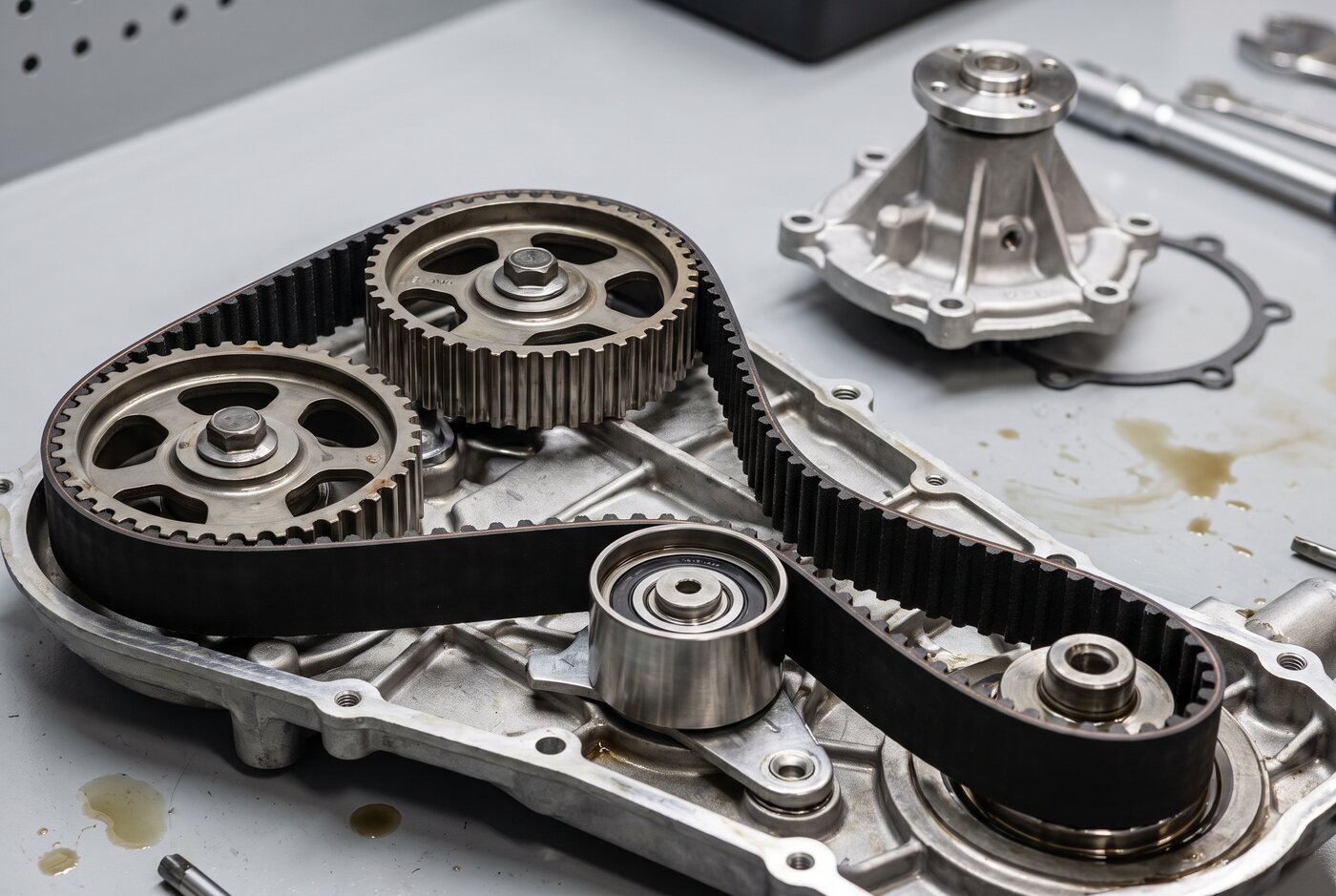 New timing belt routed around camshaft and crankshaft pulleys