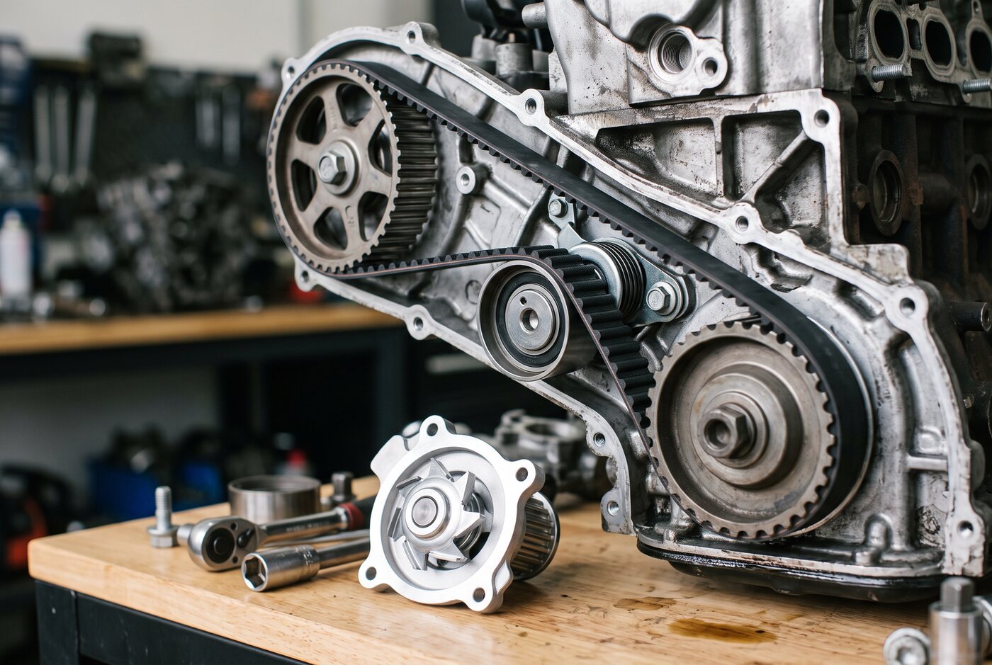 Timing belt, tensioner pulley and water pump during replacement